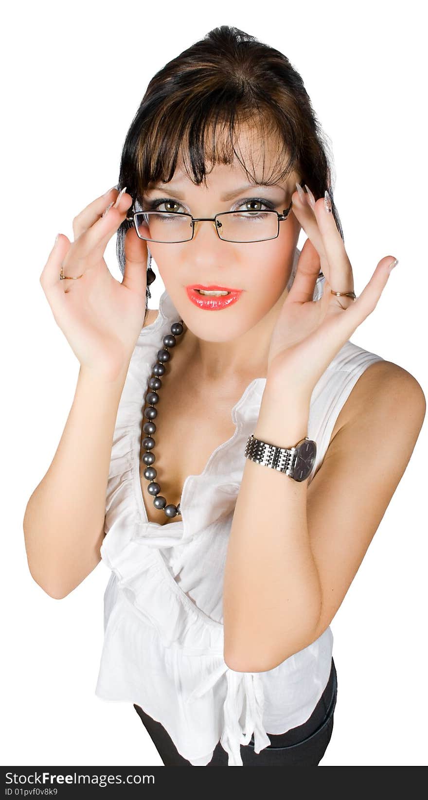 Alluring teacher take off glasses isolated on white with clipping path. Alluring teacher take off glasses isolated on white with clipping path