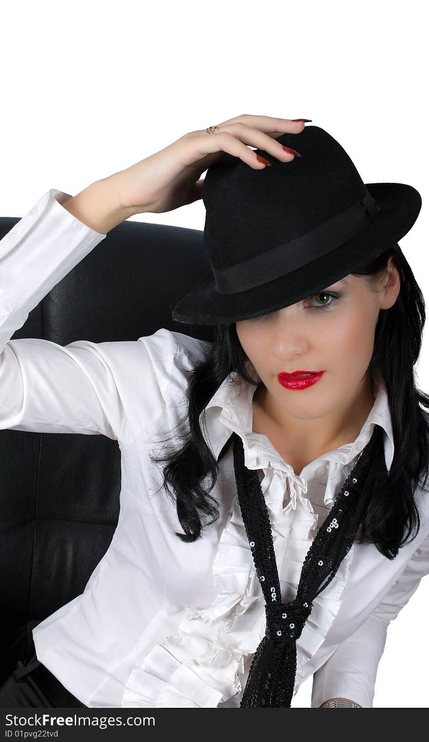 Portrait of retro businesswoman in hat isolated