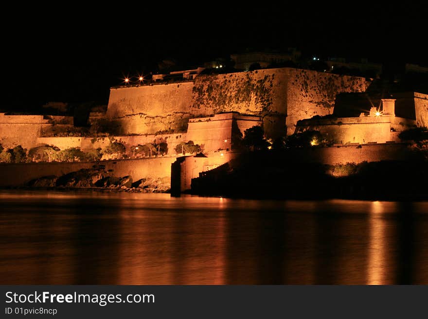 Valletta Bastions at night with reflections