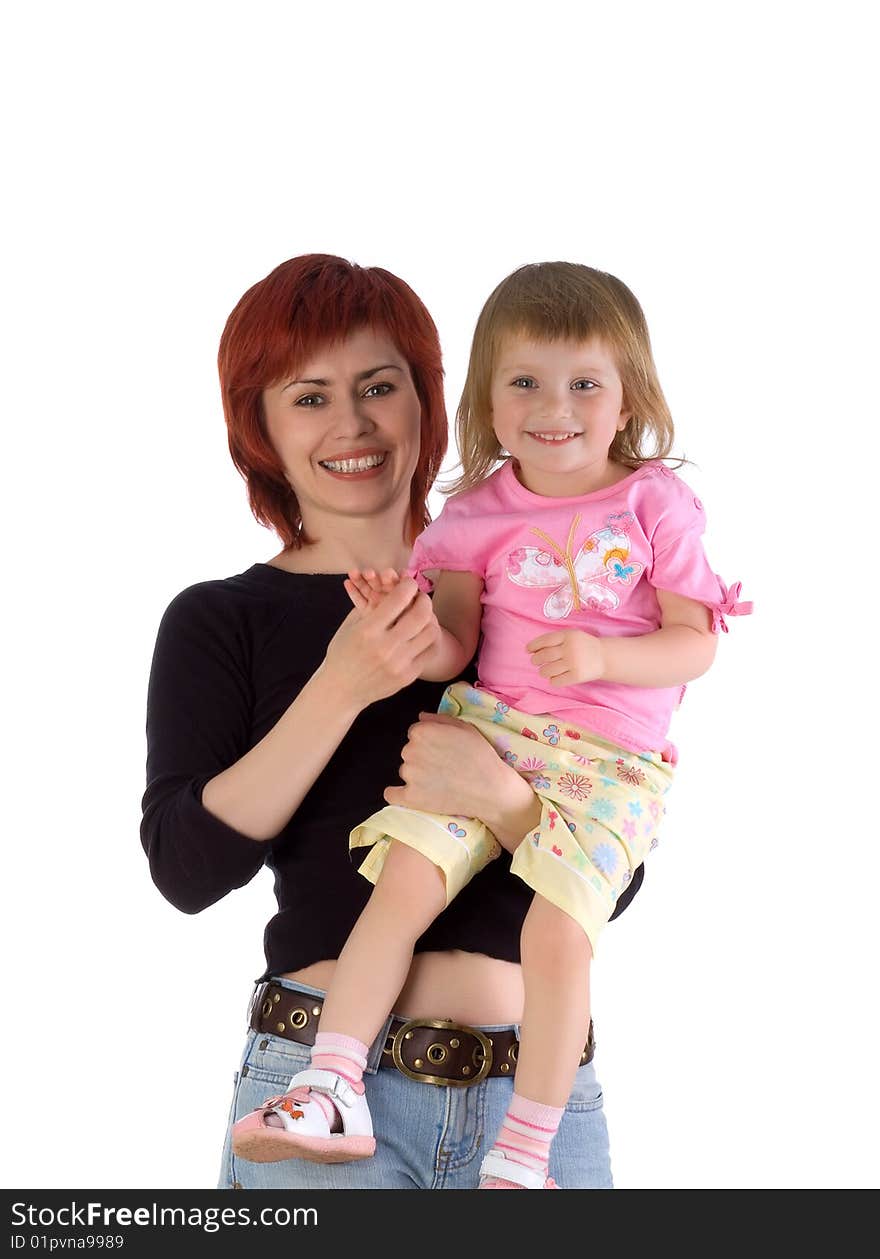 Smiling people. Mother and her daughter. Studio isolated