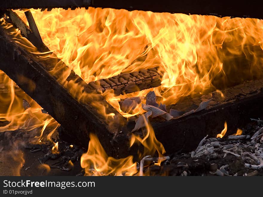 Burning wooden frame