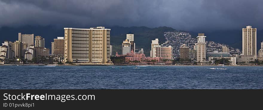 Waikiki Beach at sunset from a cruise ship