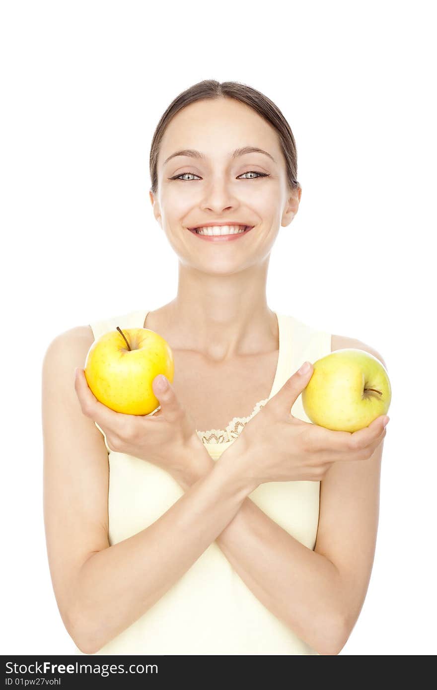 Young happy woman holding two apples