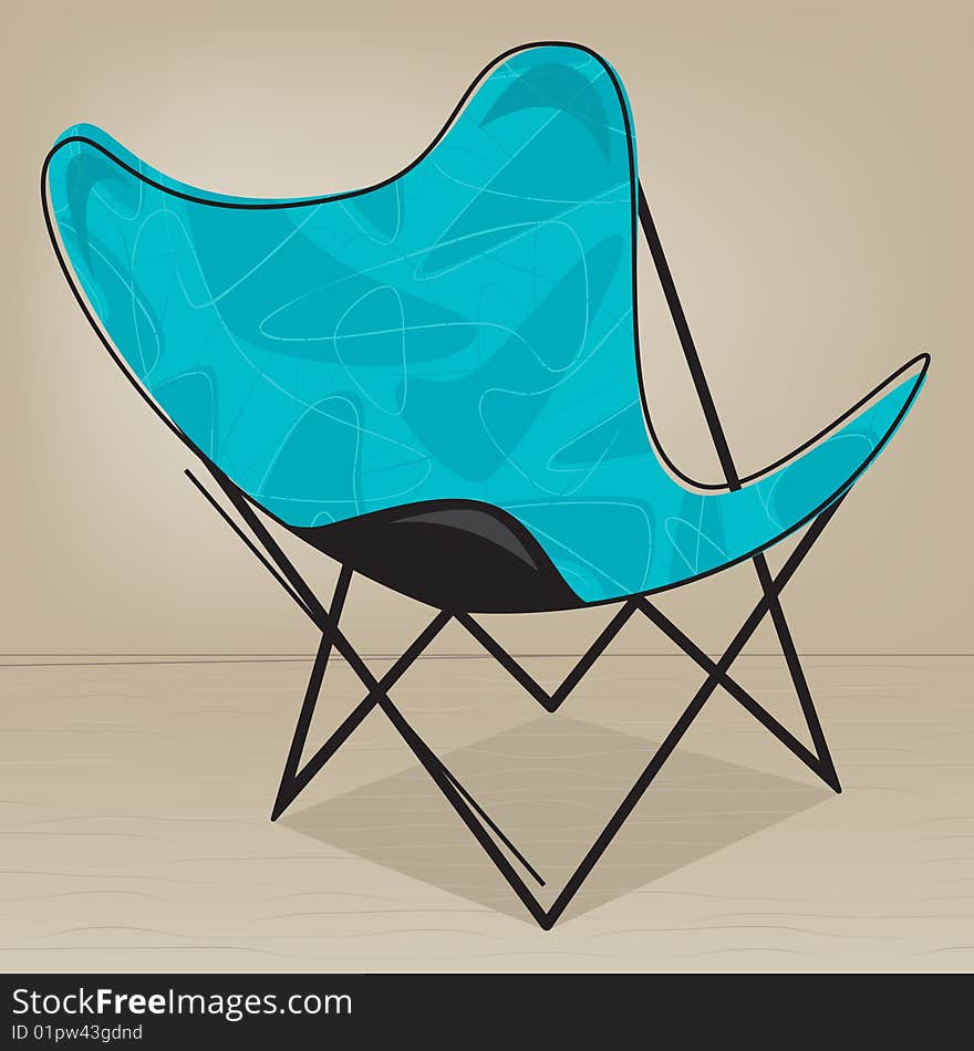 Retro vintage Butterfly chair, stylized with aqua boomerang motif; Layered file. Retro vintage Butterfly chair, stylized with aqua boomerang motif; Layered file.
