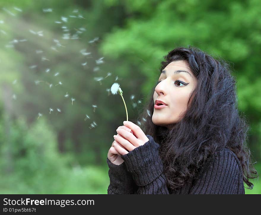 Summer fun, young beautiful woman with magnificent hair, blowing dandelion on the meadow. Summer fun, young beautiful woman with magnificent hair, blowing dandelion on the meadow