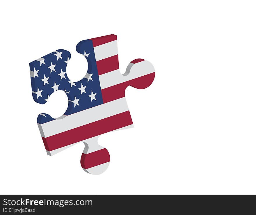 Three dimensional jigsaw piece of USA flag over white. Three dimensional jigsaw piece of USA flag over white