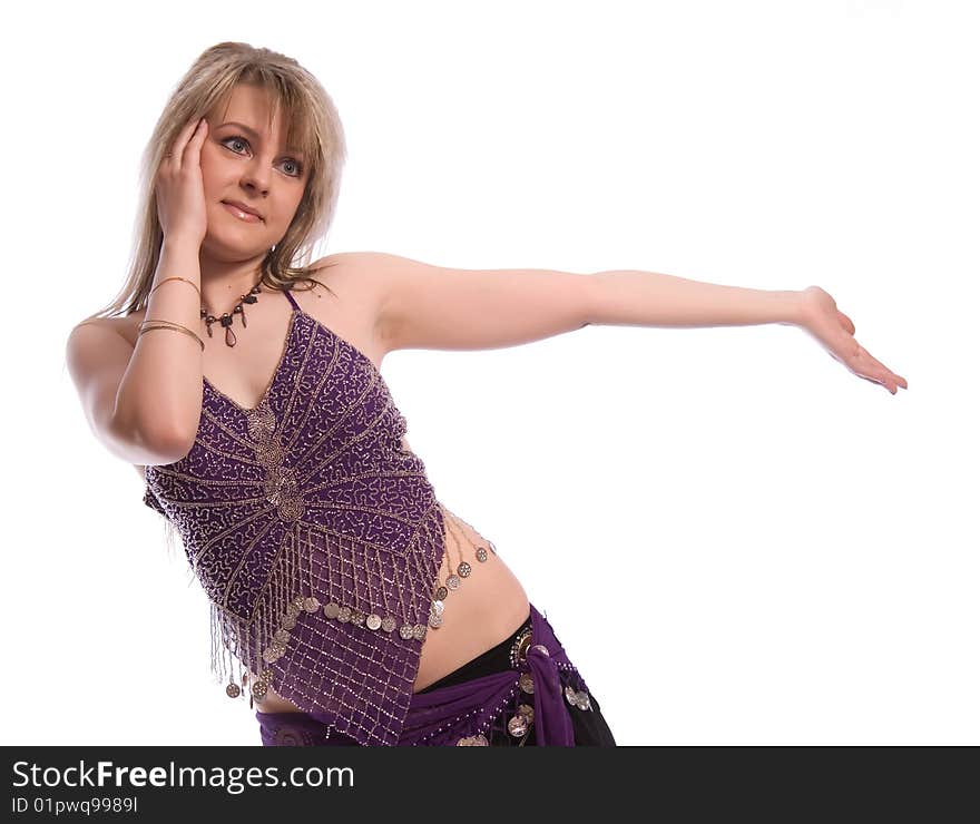 Indian dance. Young woman on white background.