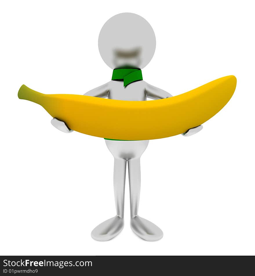 3D man holds a banana isolated on white. 3D man holds a banana isolated on white.