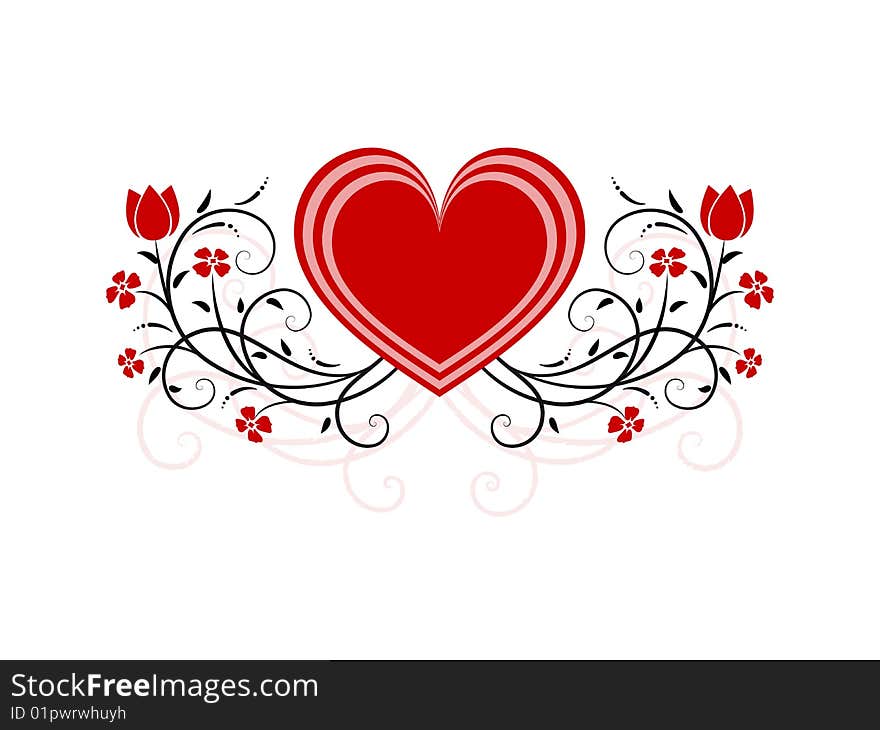 Illustrated heart with ornamental flowers and blossoms