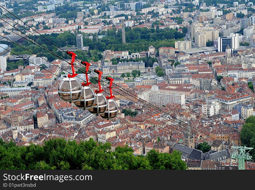 Rope-way in Grenoble which is called Balls and leads to the Bastille architectural monument