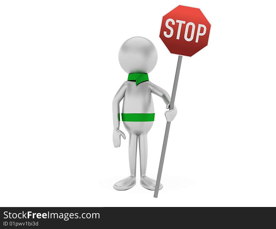 3D man holding a road sign isolated on white. 3D man holding a road sign isolated on white.