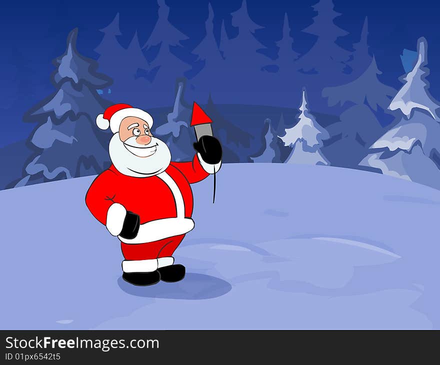 Illustration. Funny Santa Claus with skyrocket in his hand. Winter background.