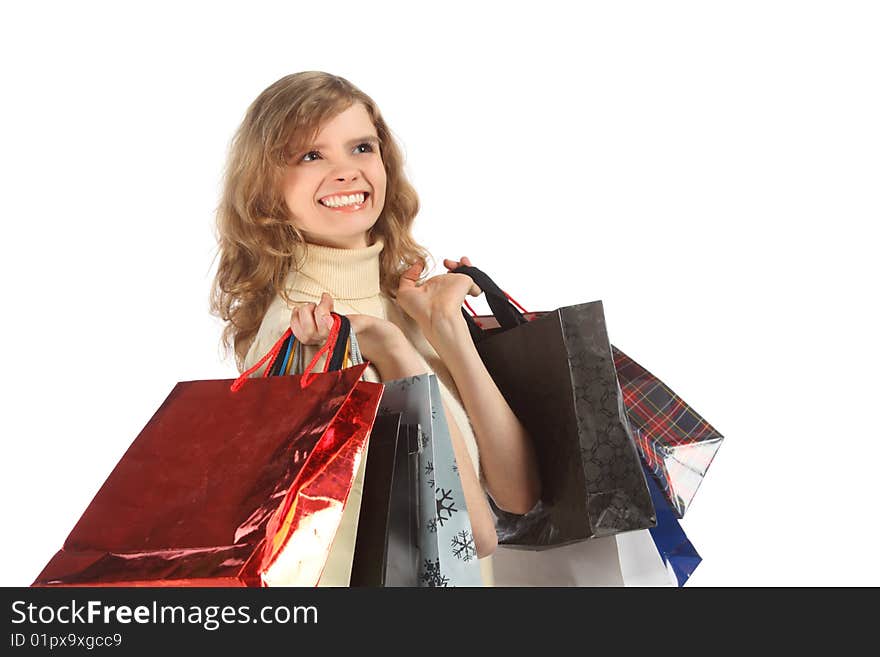 Happy blonde with paper bags