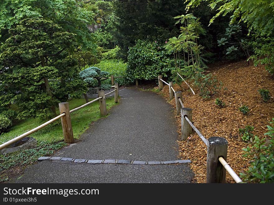 Road with a wooden fence in a tranquil garden