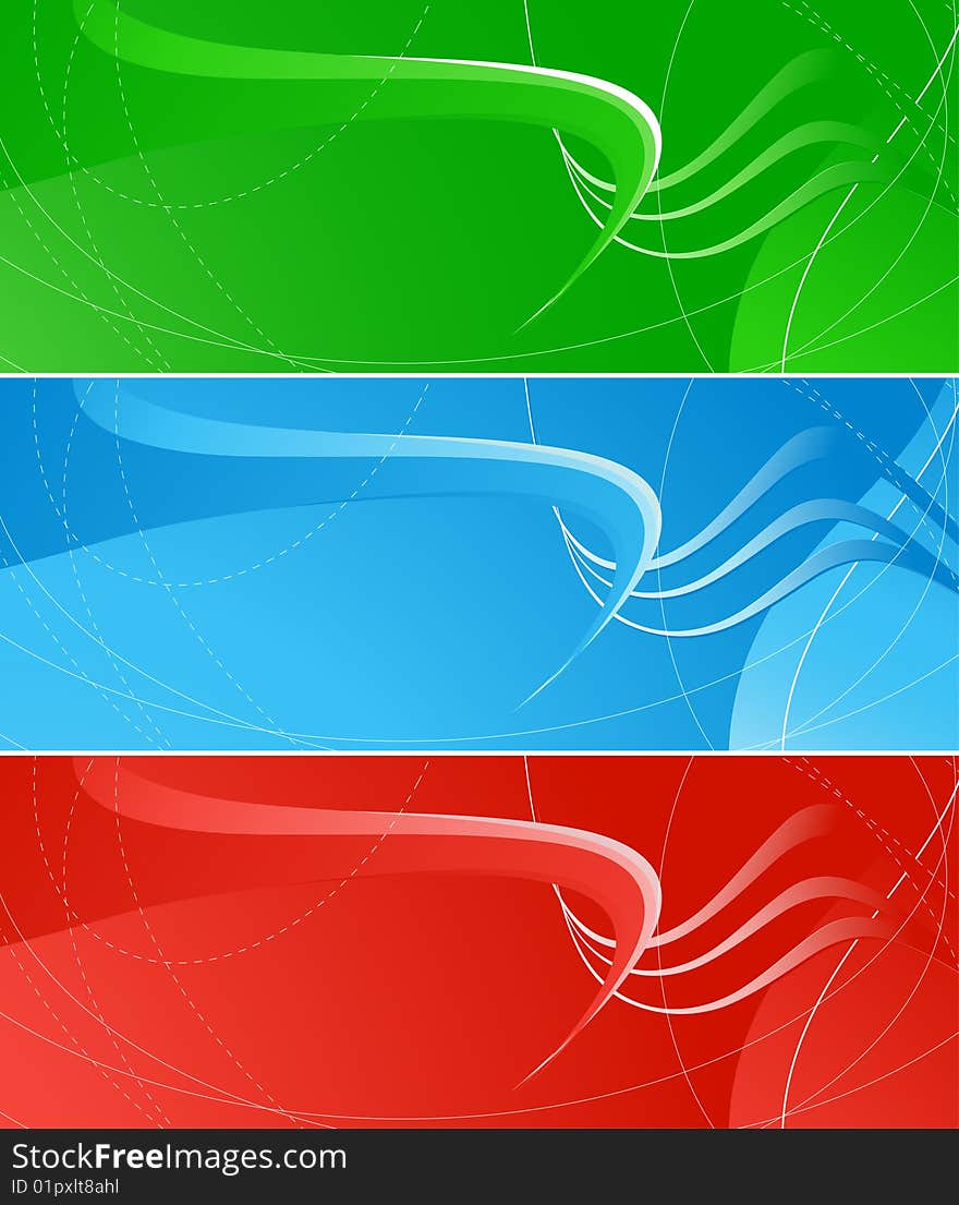 Set of three bright banners, red, green and blue