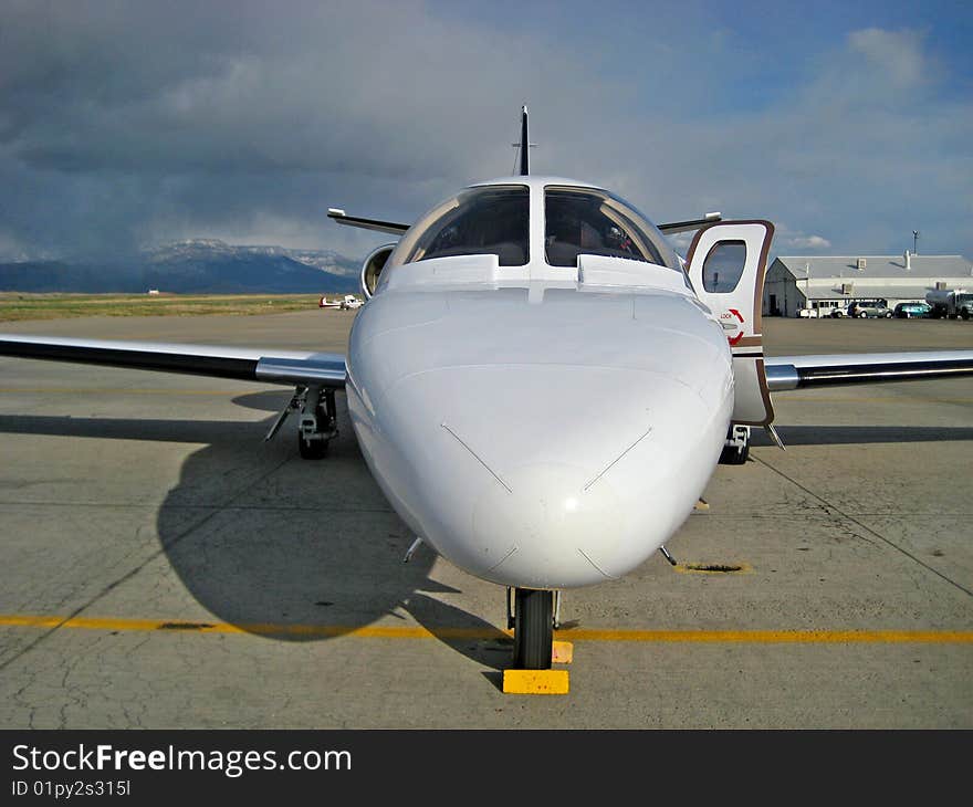 Wide angle image of a jet used for corporate travel. Wide angle image of a jet used for corporate travel