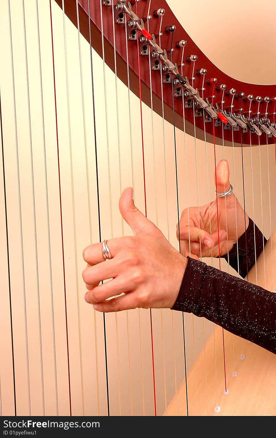 Hands closeup of Woman musician playing a harp