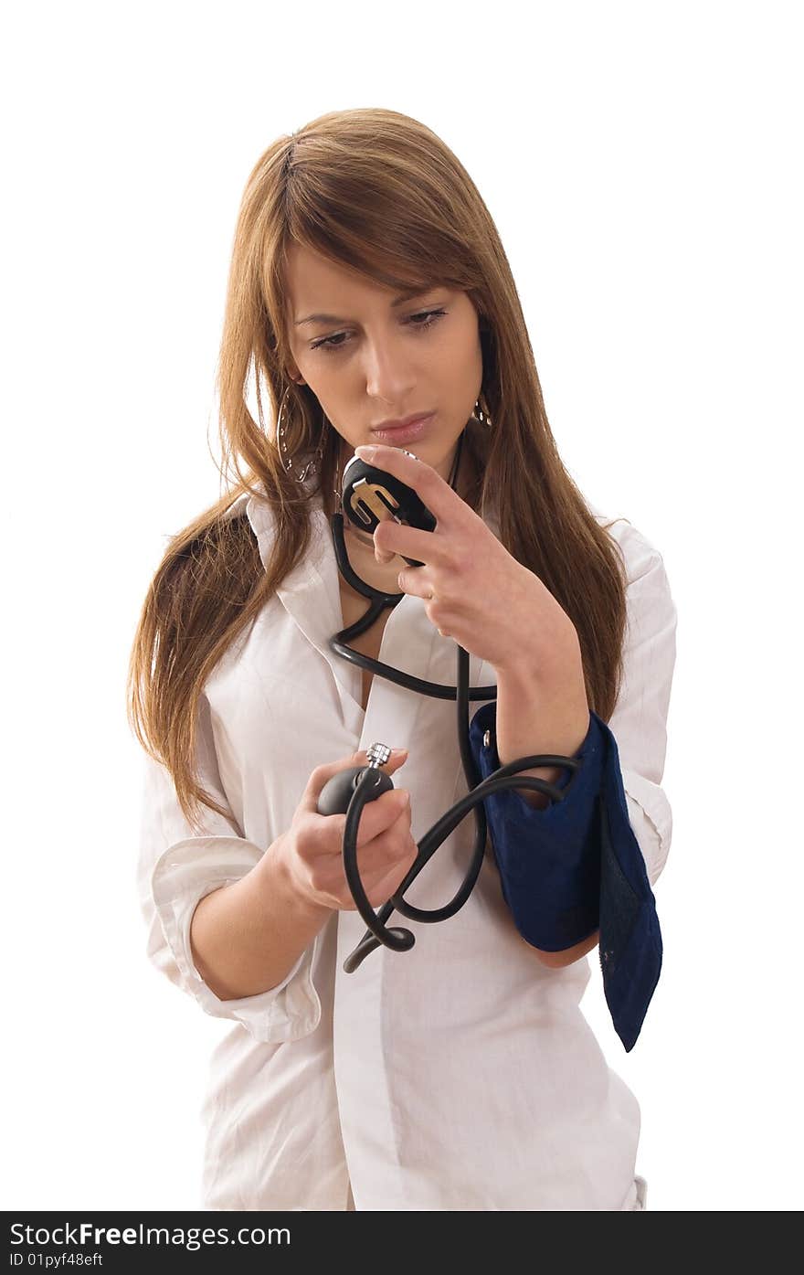 Female doctor with stethoscope on white backgrounds. Female doctor with stethoscope on white backgrounds