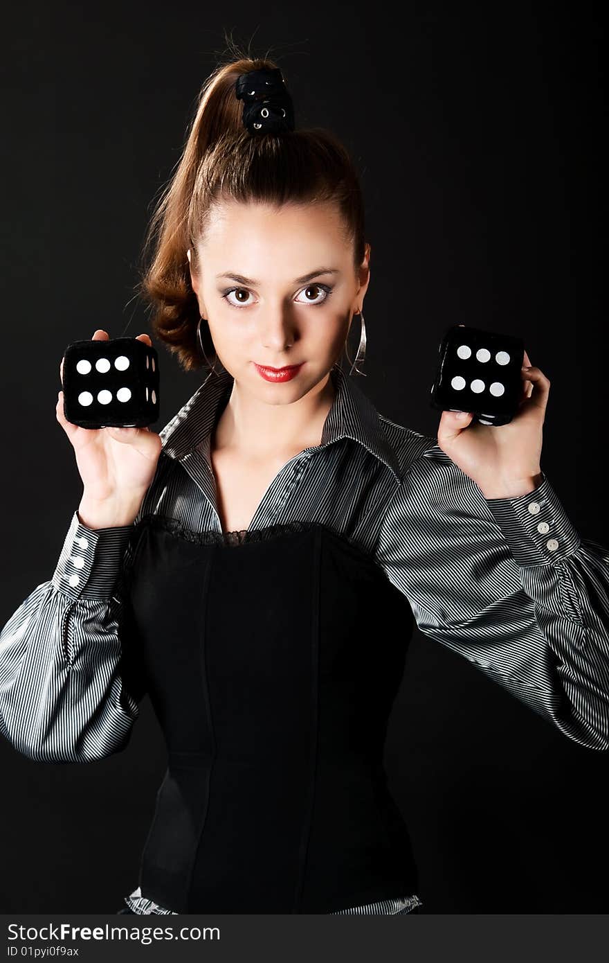 Portrair Of Young Girl With Two Dice