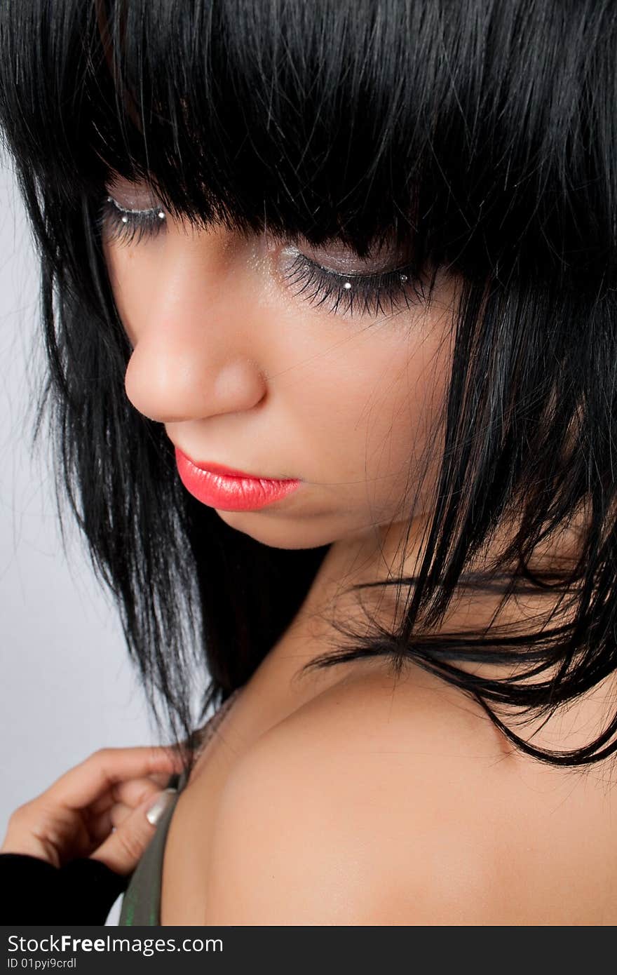 Strassed Eyelashes Brunette Looking Down