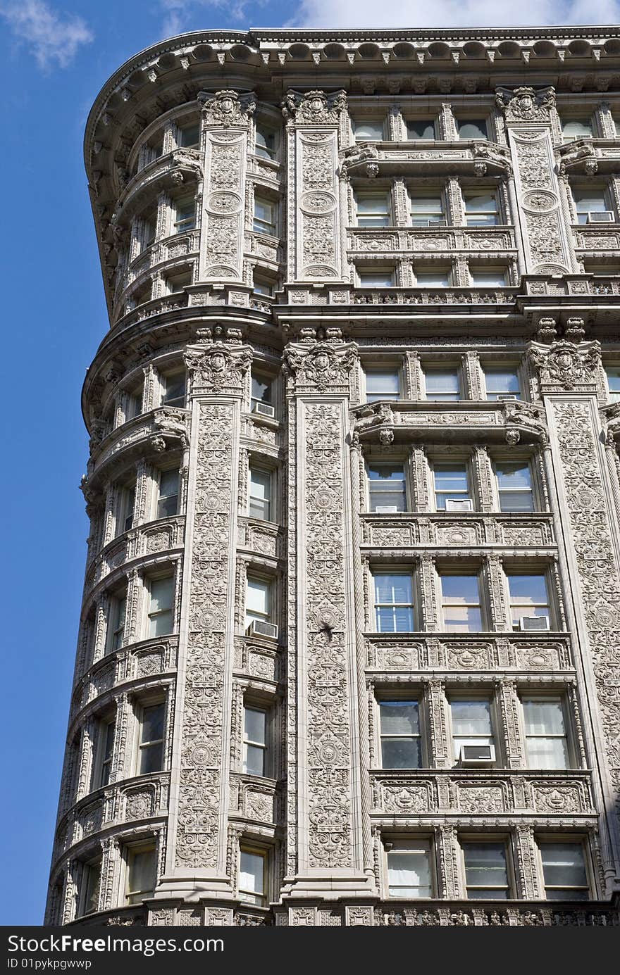 Old classic New York, Manhattan building with stone curved walls - details