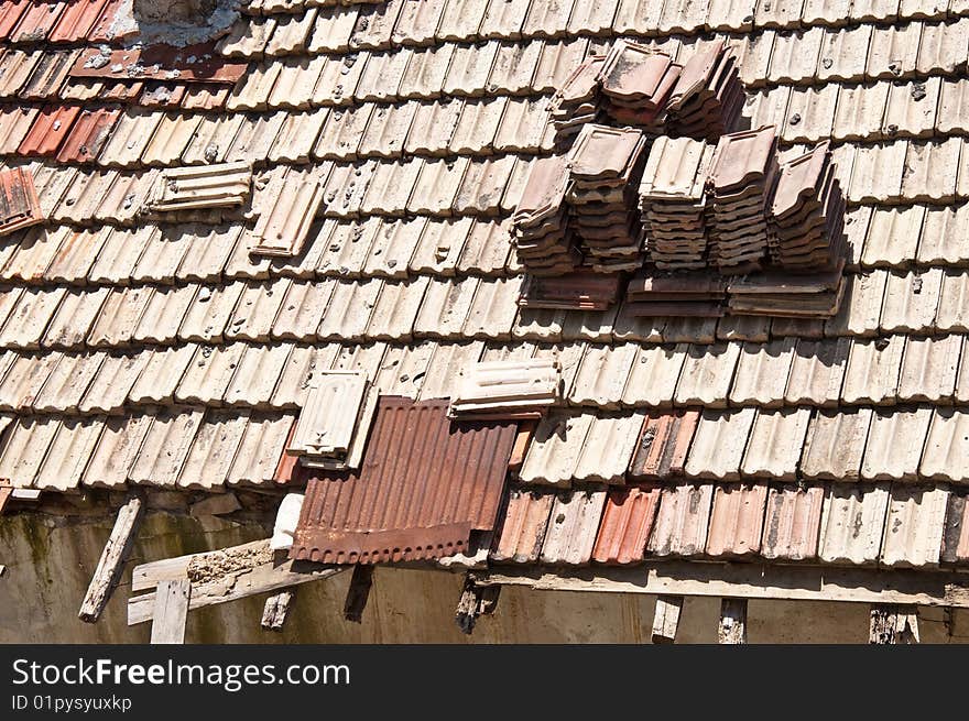 Tile fragments on house roofs