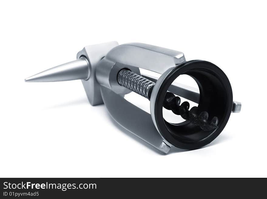 Modern metal corkscrew on a white background