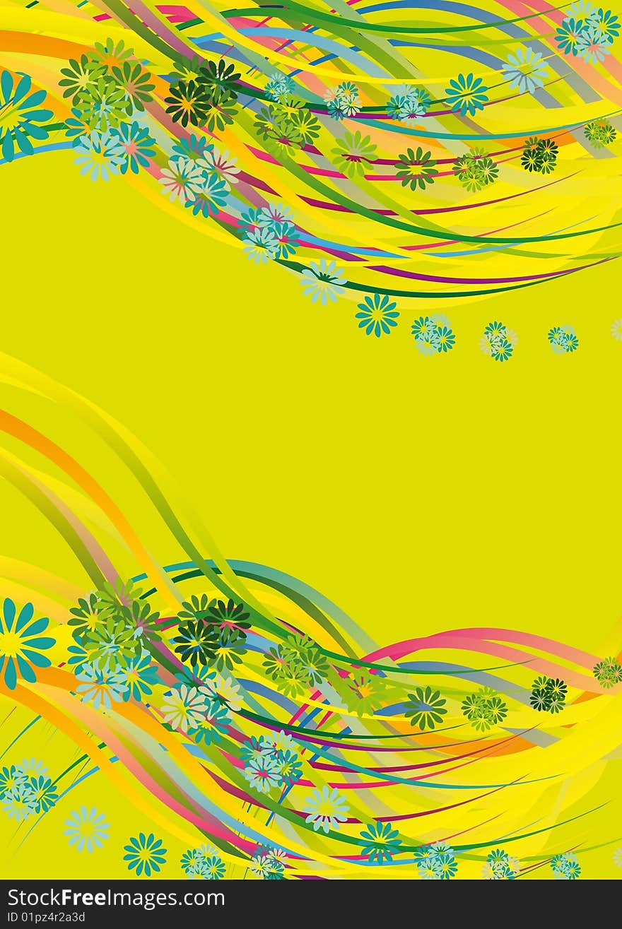 Decorative flower and wavy lines background on green