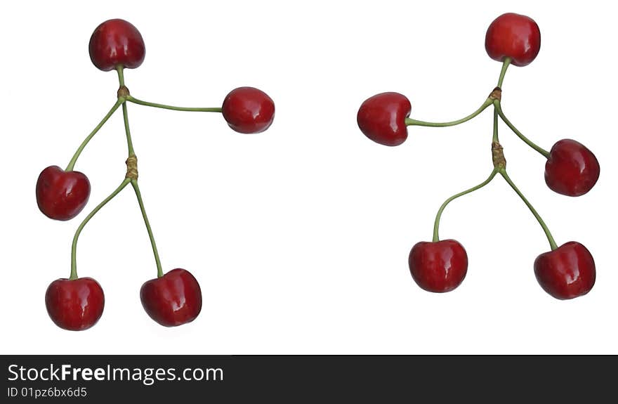 Red, juicy cherries dance on white background. Red, juicy cherries dance on white background