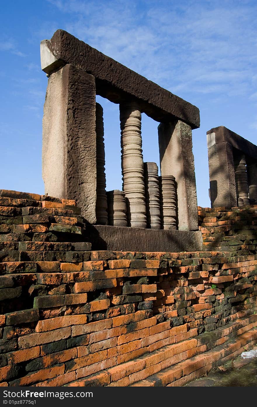 Antique pillar at a window from Muang-Kaek stone castle in Thailand.