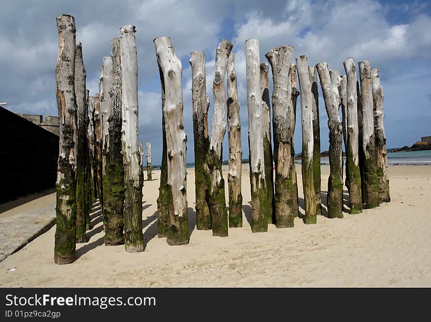 Poles placed in the beach. Poles placed in the beach