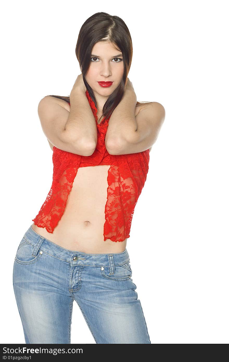 Attractive young woman poses with a colorful T-shirt and jeans tracery