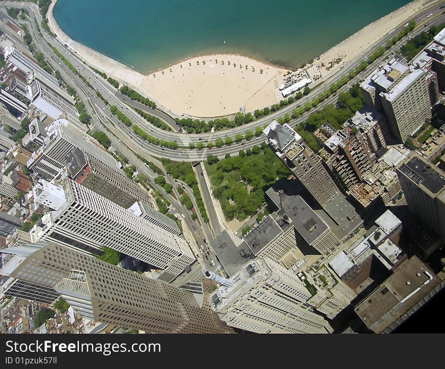 A creative view of Chicago business district and beach from up high