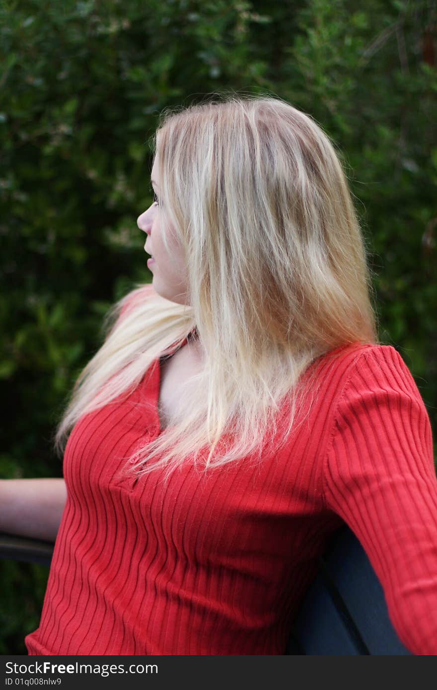 Young blonde woman leaning on wooden slats with head tilted slightly. Young blonde woman leaning on wooden slats with head tilted slightly