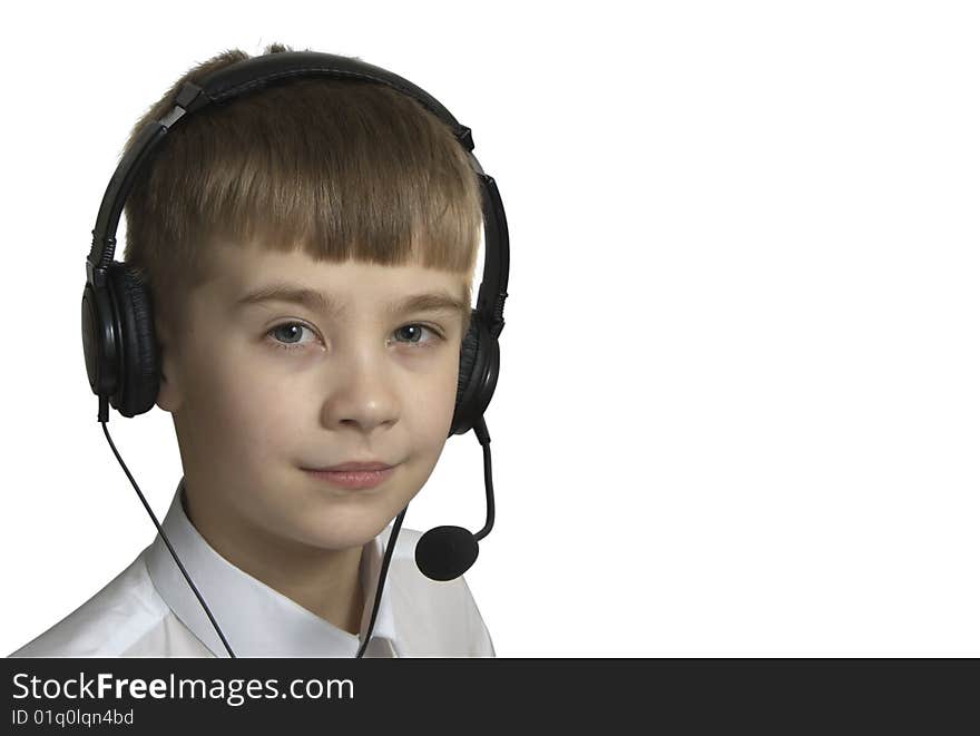 Child in headset on white background is isolated. Child in headset on white background is isolated