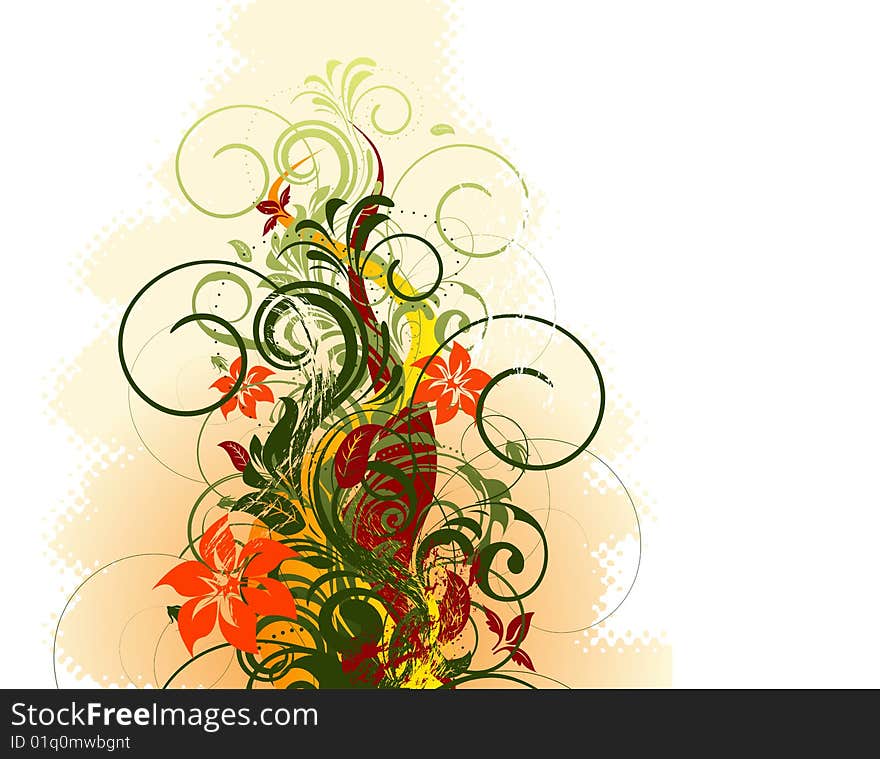 Grungy vector floral background with curly branches and halftone background