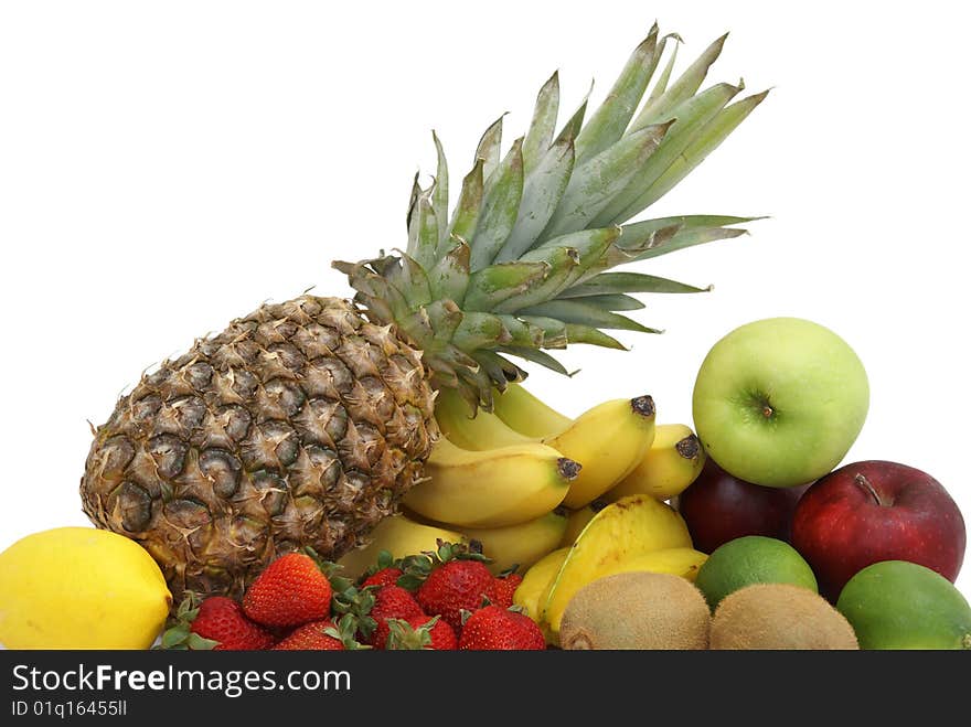 A variety of fruit arranged on white background. A variety of fruit arranged on white background.