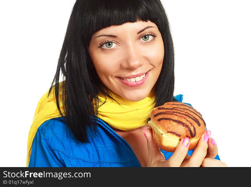 Girl Eating A Roll With Chocolate