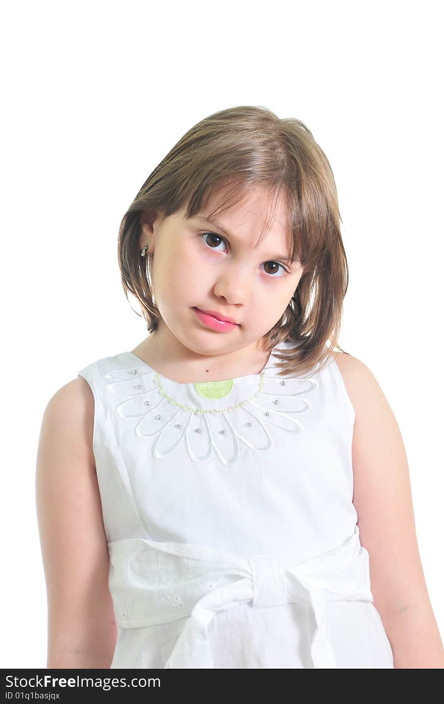 Sad little girl isolated on the white background