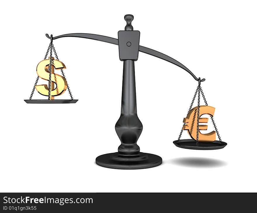 3d illustration of dollar and euro signs on scale. 3d illustration of dollar and euro signs on scale