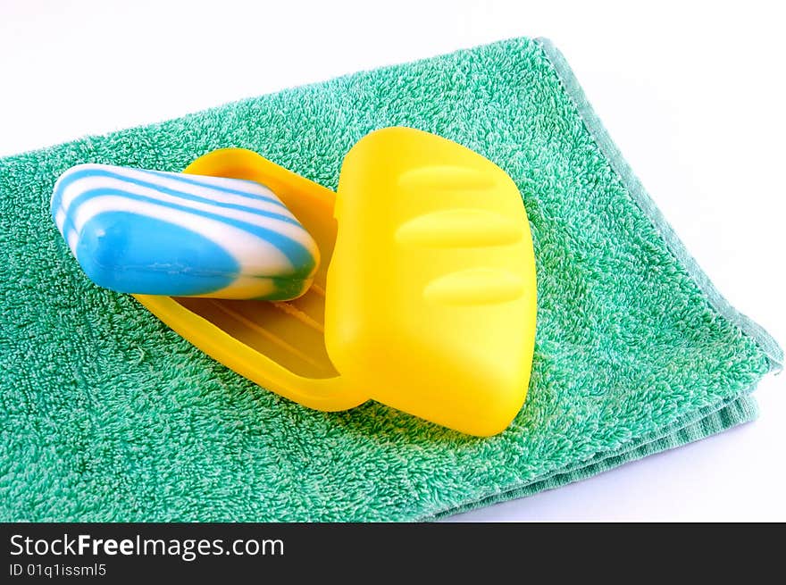 Blue soap on a green towel