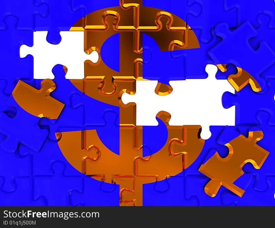 Abstract 3d illustration of puzzle with dollar sign. Abstract 3d illustration of puzzle with dollar sign