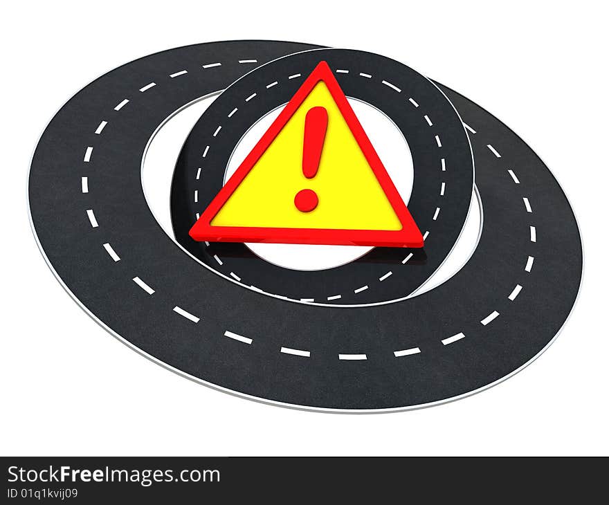 Abstract 3d illustration of roads around warning symbol. Abstract 3d illustration of roads around warning symbol