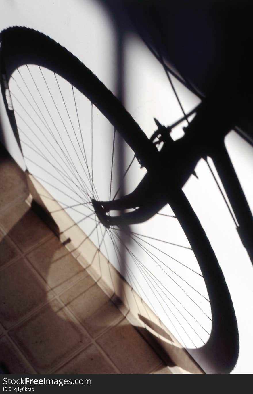 Front wheel of a bicycle as a shadow on the wall.  This surrealist view of a bike is striking. Front wheel of a bicycle as a shadow on the wall.  This surrealist view of a bike is striking.