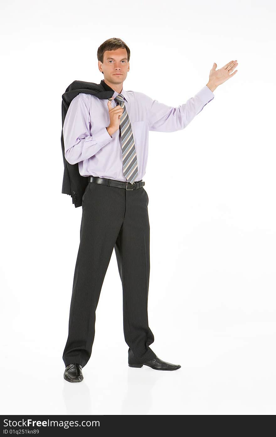 Young man in business suit on isolated background