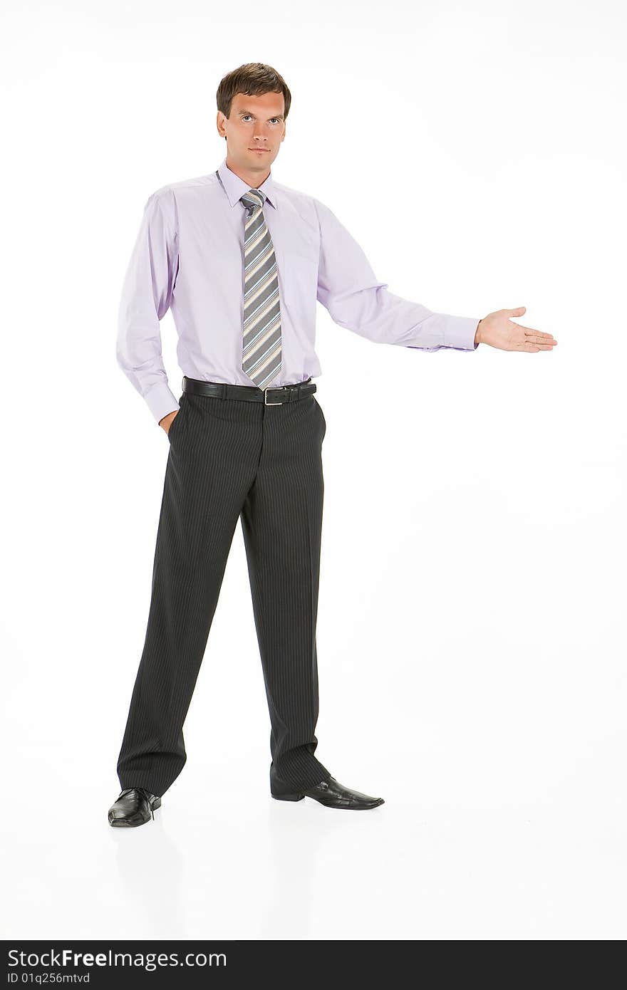 Young man in business suit on isolated background