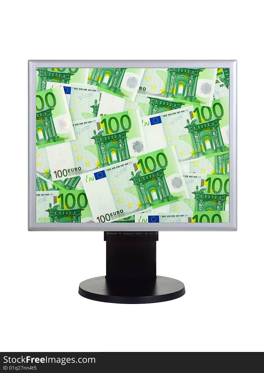 Computer monitor with money isolated on white background