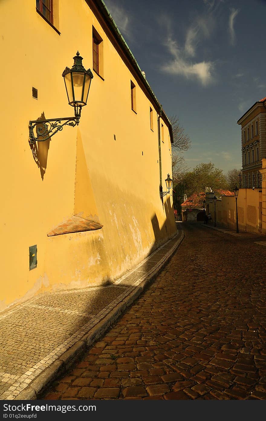 Narrow street at sunset