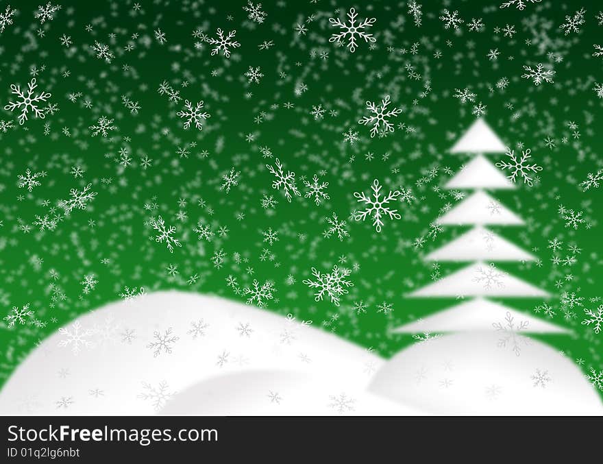 Green christmas background with white hills and tree