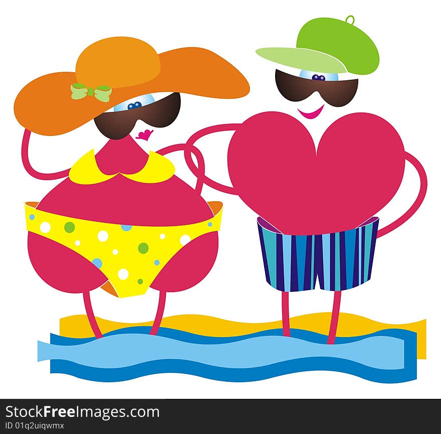 Two hearts on a beach. Vector illustration.